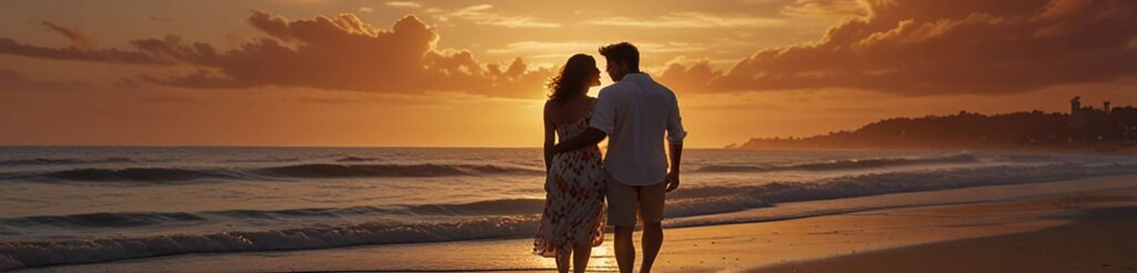 um casal caminhando na praia abraçados em direção ao pôr do sol